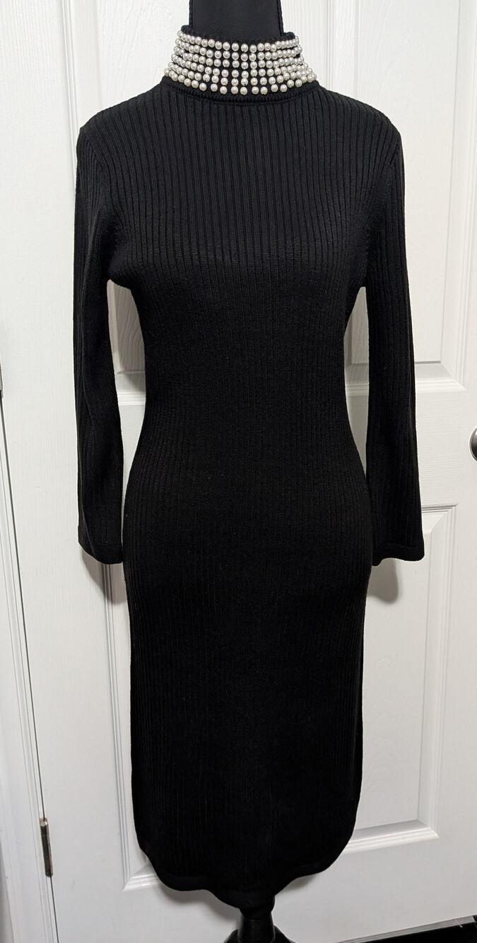 Calvin Klein Black Ribbed Sweater Dress Beaded Pearl Mock Neck Small